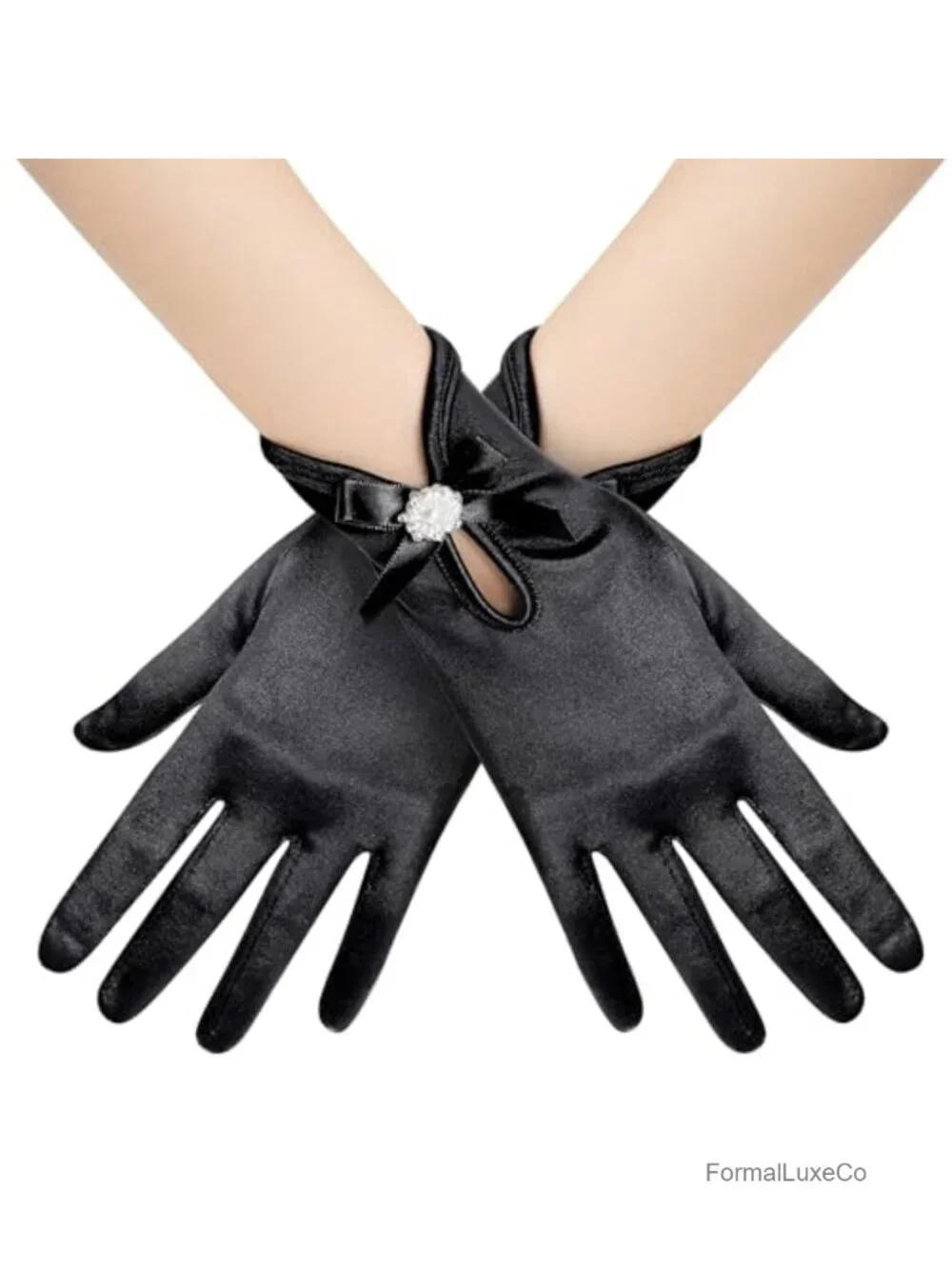 Satin Gloves for Women - Short Prom Gloves with Pearl Flower Cuff - Wedding Tea
